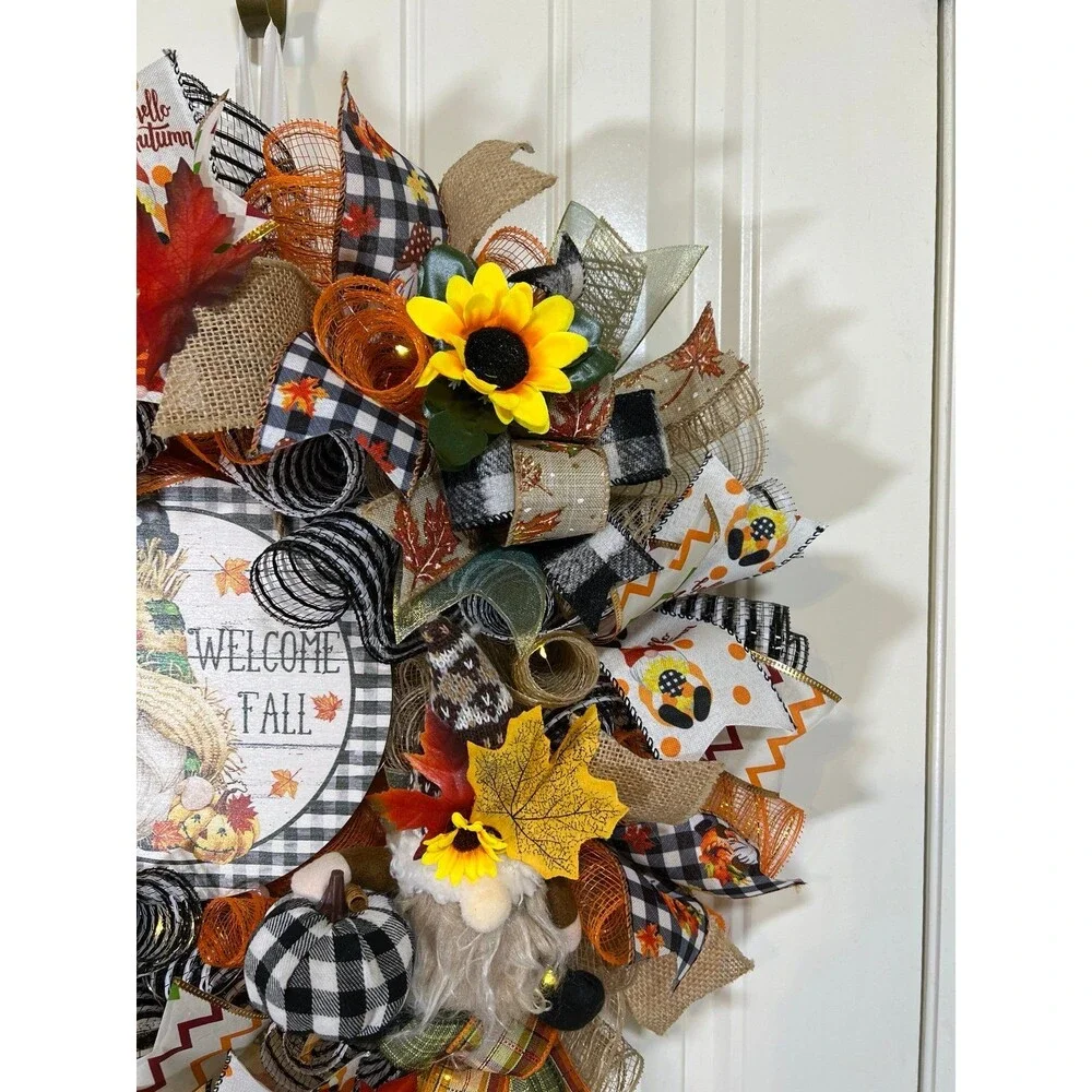 Handmade Autumn Fall Ribbon Wreath Welcome Gnome 22 in’s. Thanksgiving w11